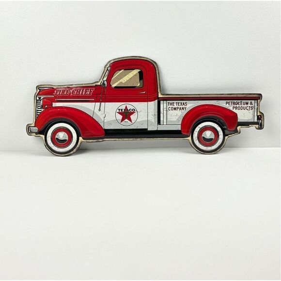 Texaco Fire Chief Truck Metal Tin Display Sign Embossed Shop Standard Motor Oil - Picture 1 of 4